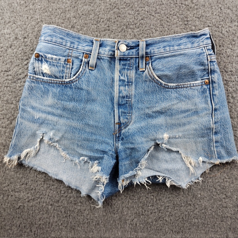 Levis 501 Denim Shorts Sz 26 Original Cut Off Blue Distressed Cowgirl Rodeo
